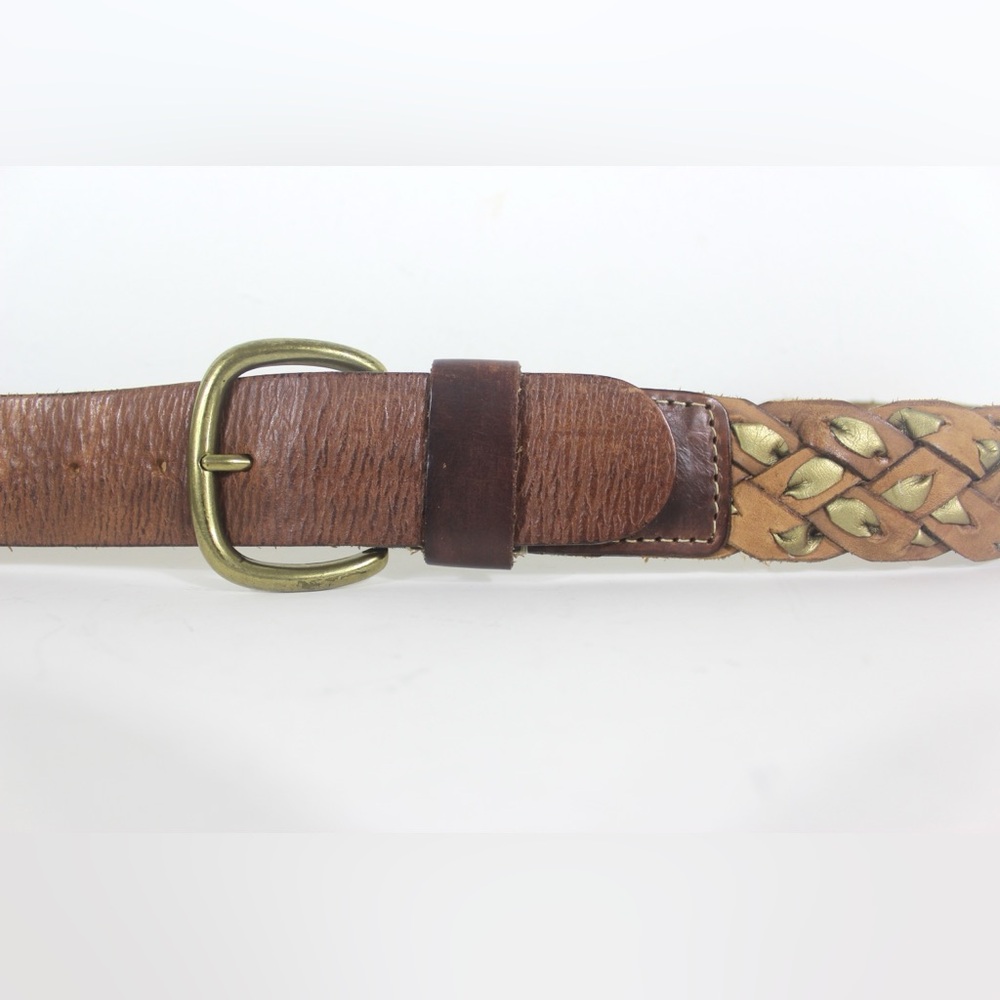 Vintage Woven or Braided Tan Brown Leather and Gold Fabric Belt Brass Buckle L